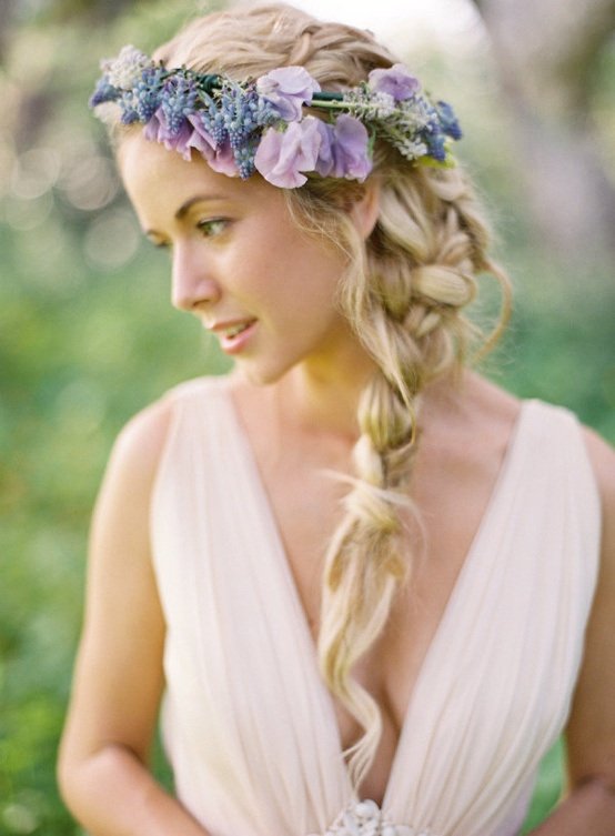 Tight Braid with Flowers Blunt Braid with Purple Flowers