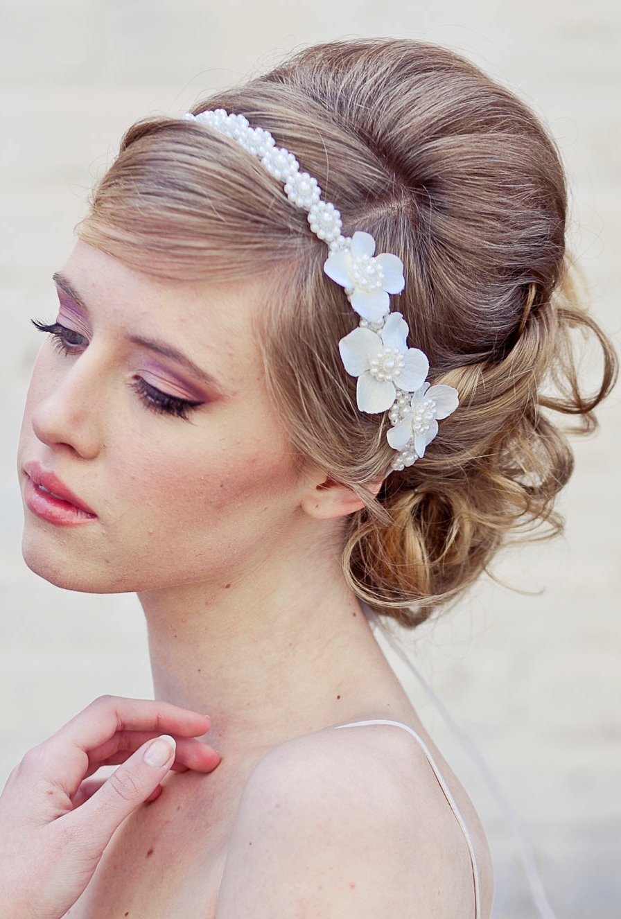 bridal updo classic with floral wedding headband