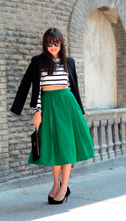 Green Midi Skirt Outfit with a Crop Top