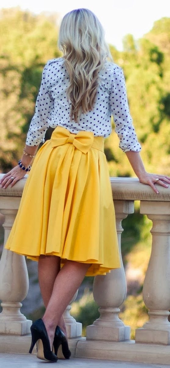 Yellow flowy skirt and polka dot top