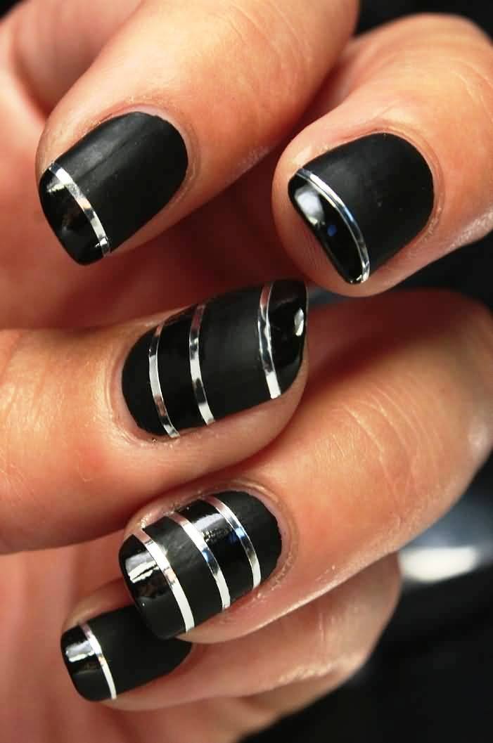 amazing-black-nails-with-silver-metallic-striping-tape-nail-art