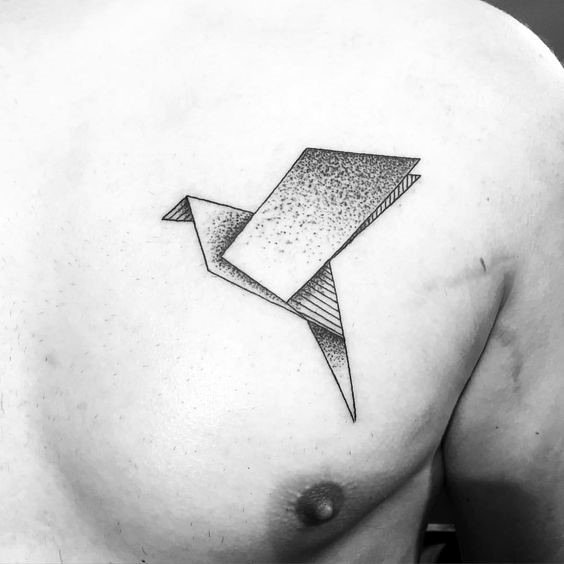 Male With Shaded Origami Upper Chest Bird Tattoo